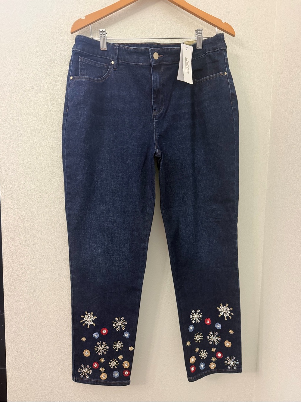 Chico's Dark Blue Embellished Ankle Jeans with Multicolor Accents